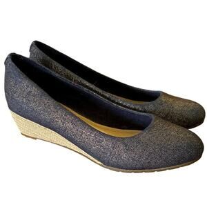 Clarks Mallory Luna Metallic Canvas Wedges Navy Blue Size 7W Glitter Espadrille